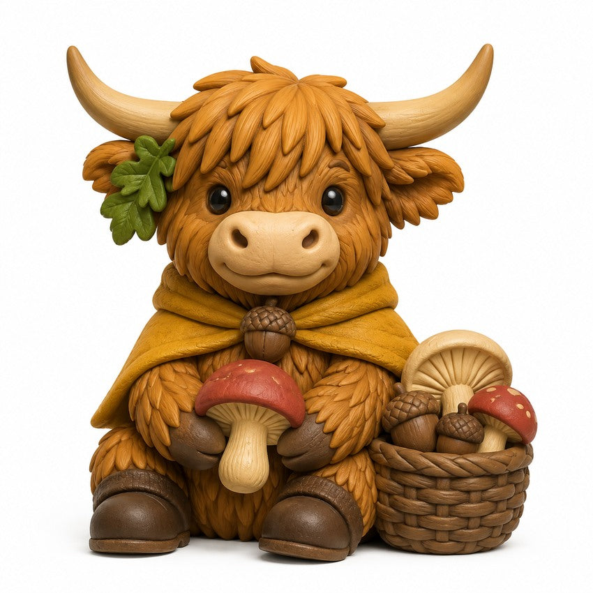 Illustration of the intended Acorn Basket Highland cow design