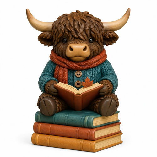 Illustration of the intended Cozy Autumn Reader Highland cow design