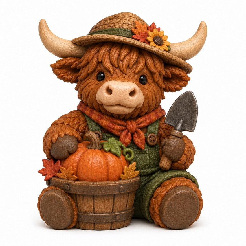 Illustration of the intended Pumpkin Patch Farmer Highland cow design