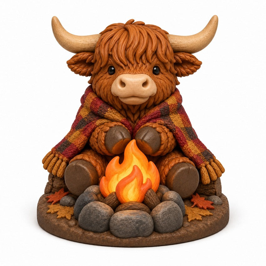 Illustration of the intended Fireside Friend Highland cow design