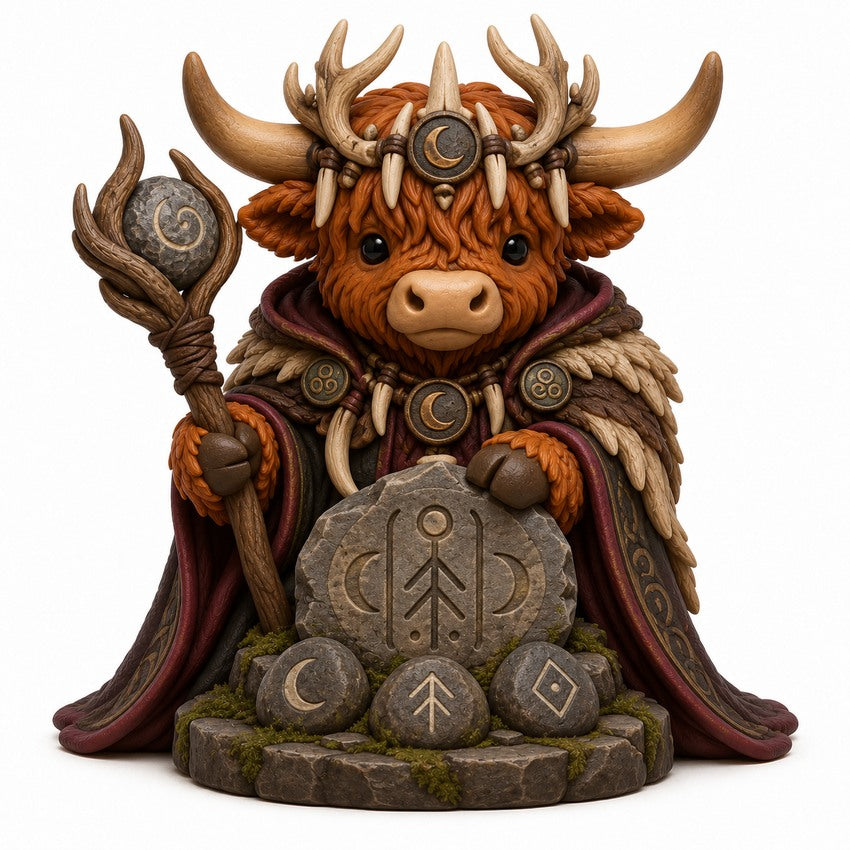 Illustration of the intended The Bone Seer Highland cow design