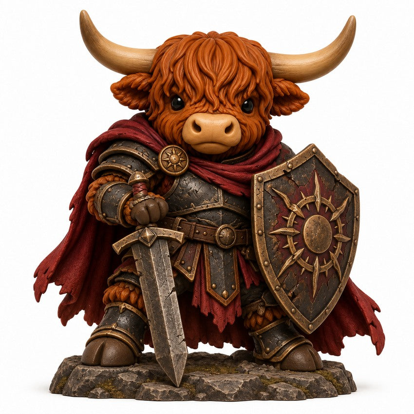 Illustration of the intended The Crimson Knight Highland cow design
