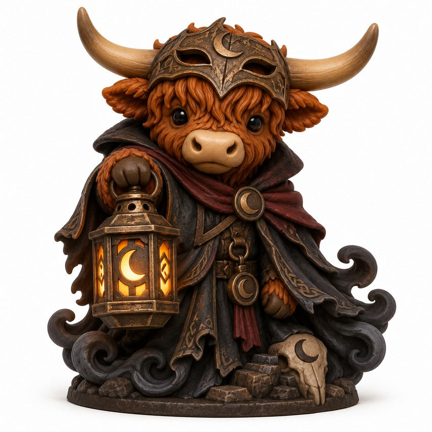 Illustration of the intended The Lantern Wraith Highland cow design