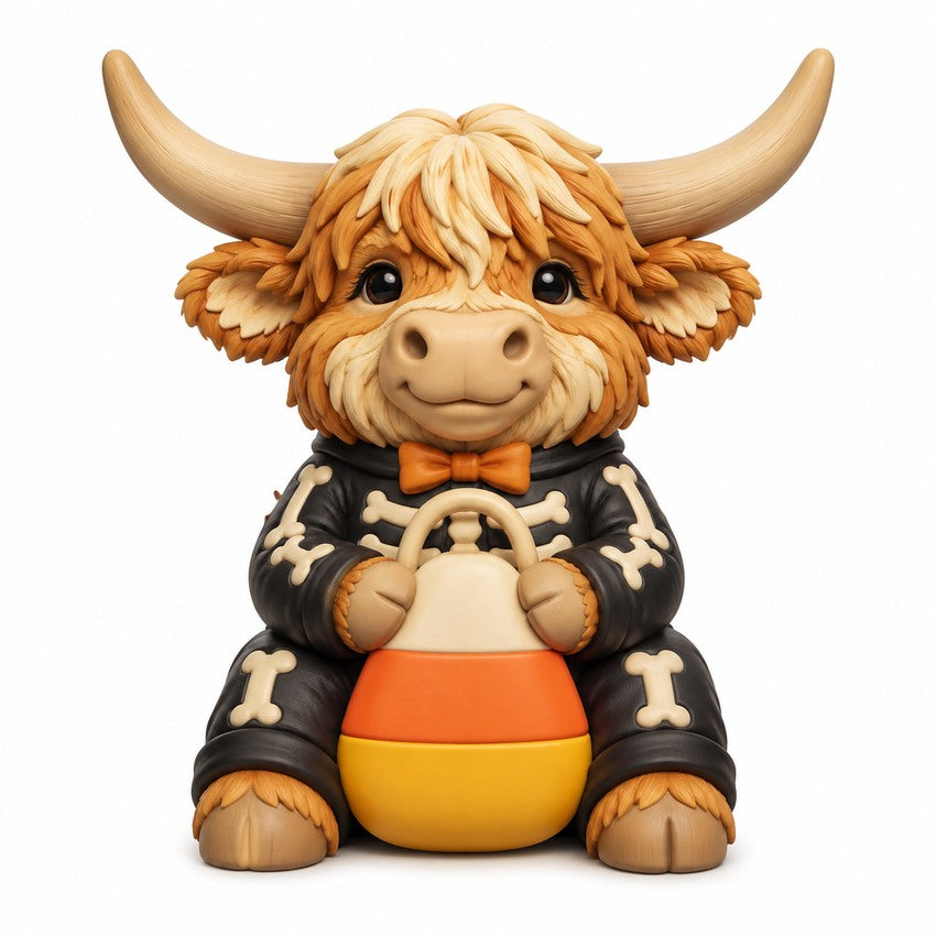 Illustration of the intended Candy Corn Bones Highland cow design
