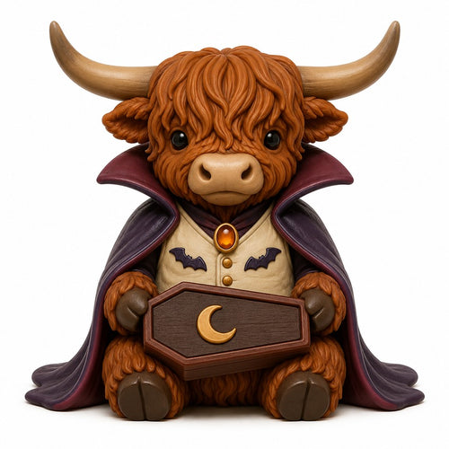 Illustration of the intended Count Moo-cifer Highland cow design
