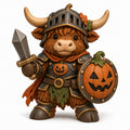 Illustration of the intended Jack-o'-Lantern Knight Highland cow design