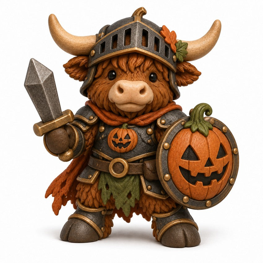 Illustration of the intended Jack-o'-Lantern Knight Highland cow design