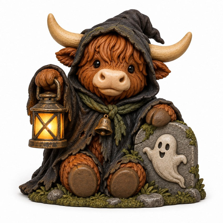 Illustration of the intended Ghostlight Gravekeeper Highland cow design