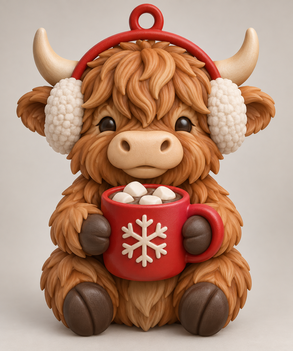 Illustration of the intended Cocoa Cup Ornament Highland cow design