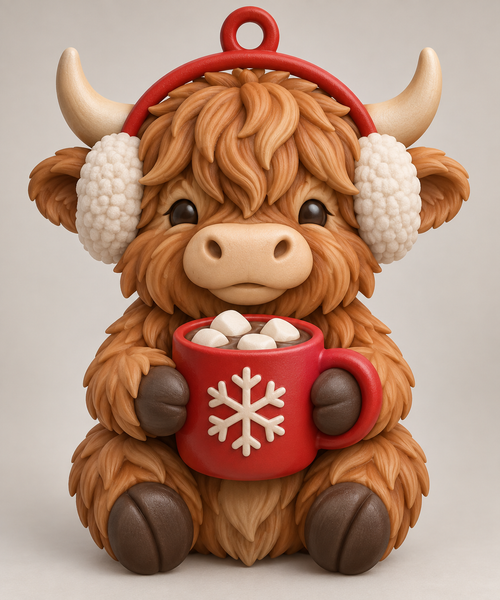 Illustration of the intended Cocoa Cup Ornament Highland cow design