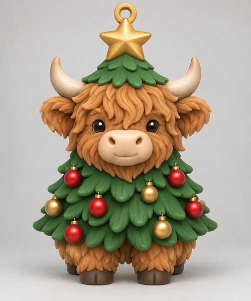 Illustration of the intended Christmas Tree Ornament Highland cow design