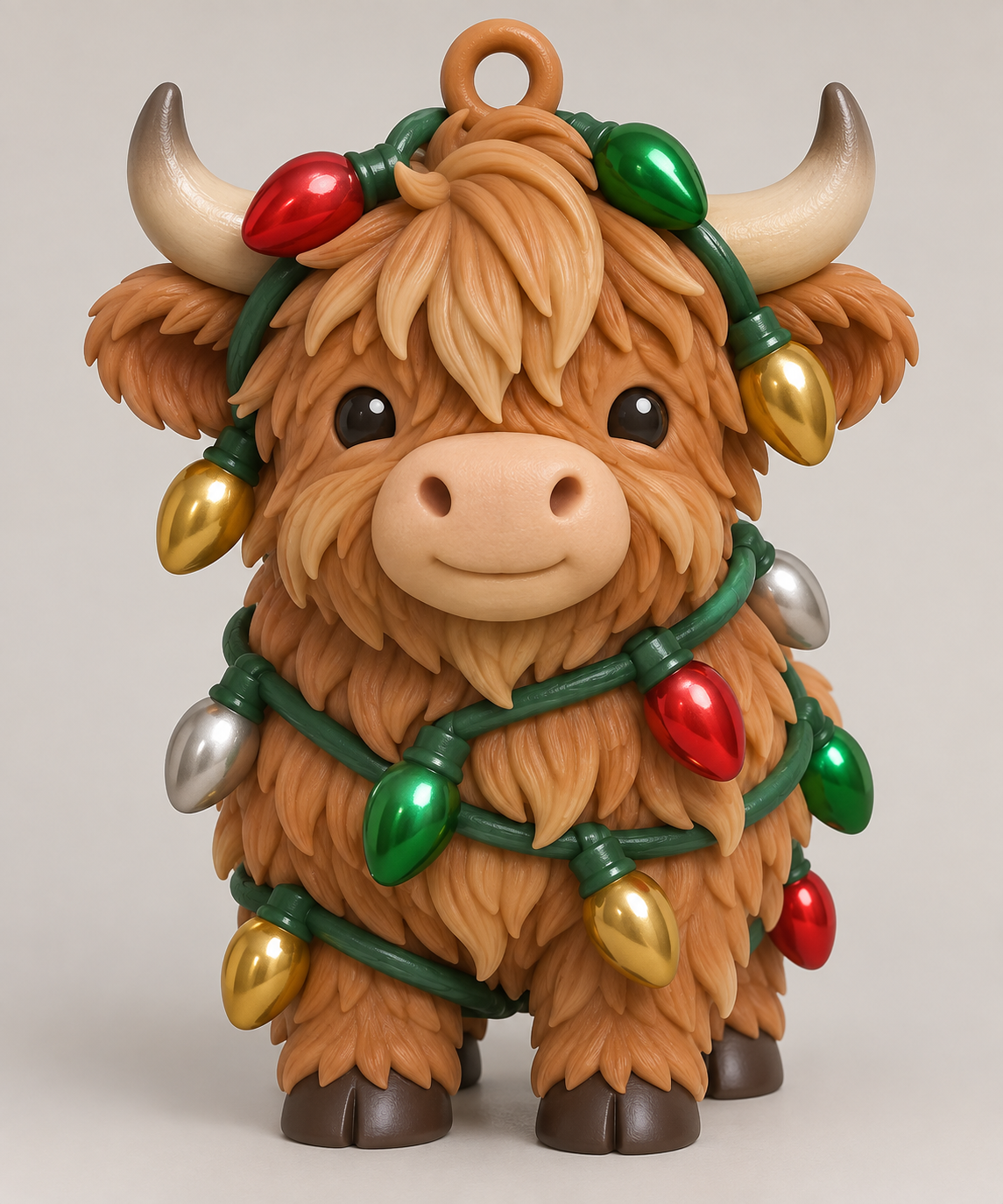 Illustration of the intended Tangled Lights Ornament Highland cow design