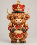 Illustration of the intended Nutcracker Drummer Ornament Highland cow design