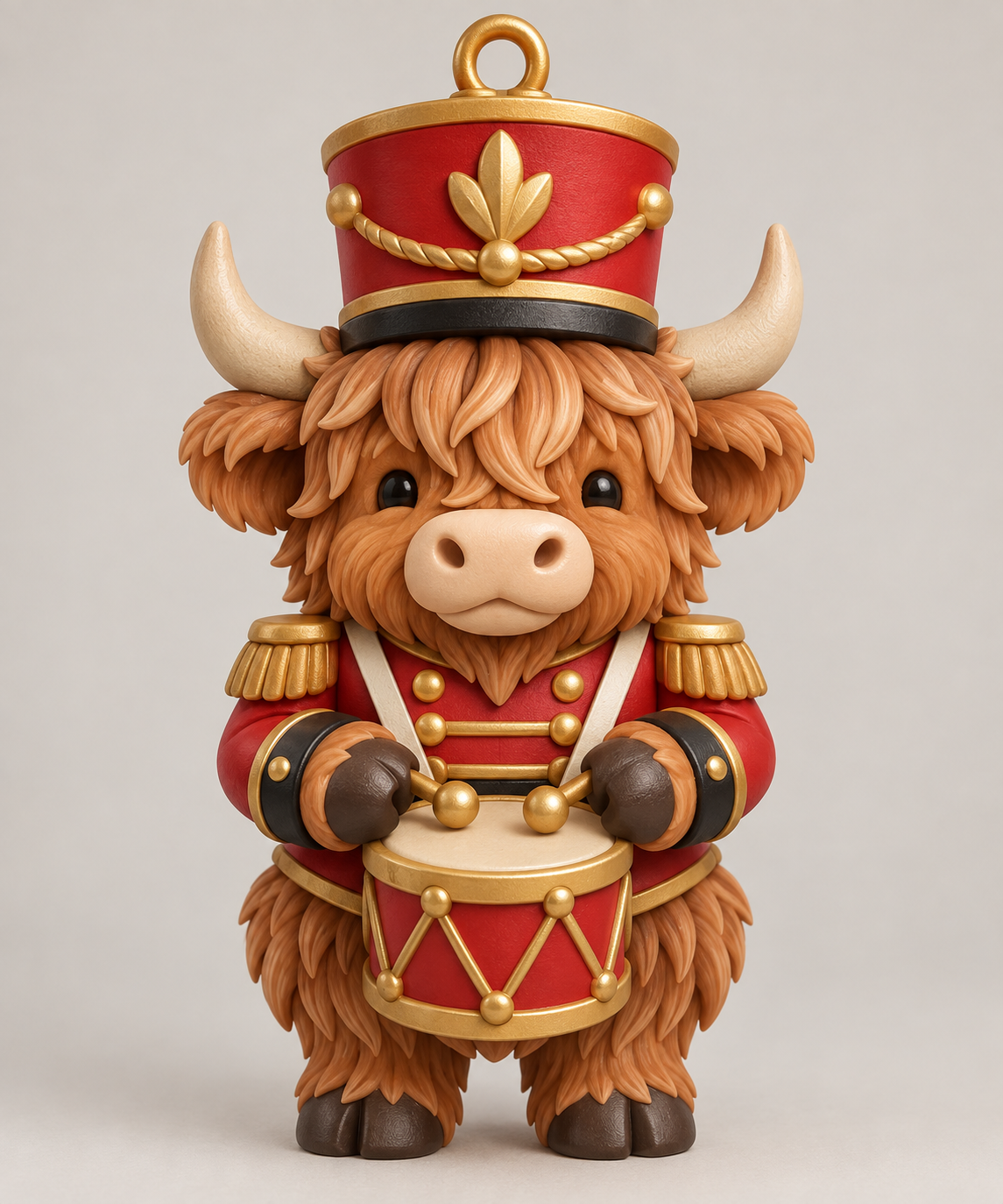 Illustration of the intended Nutcracker Drummer Ornament Highland cow design