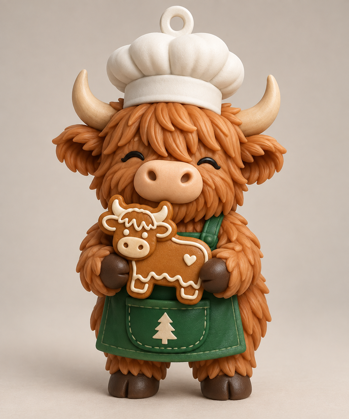 Illustration of the intended Gingerbread Baker Ornament Highland cow design