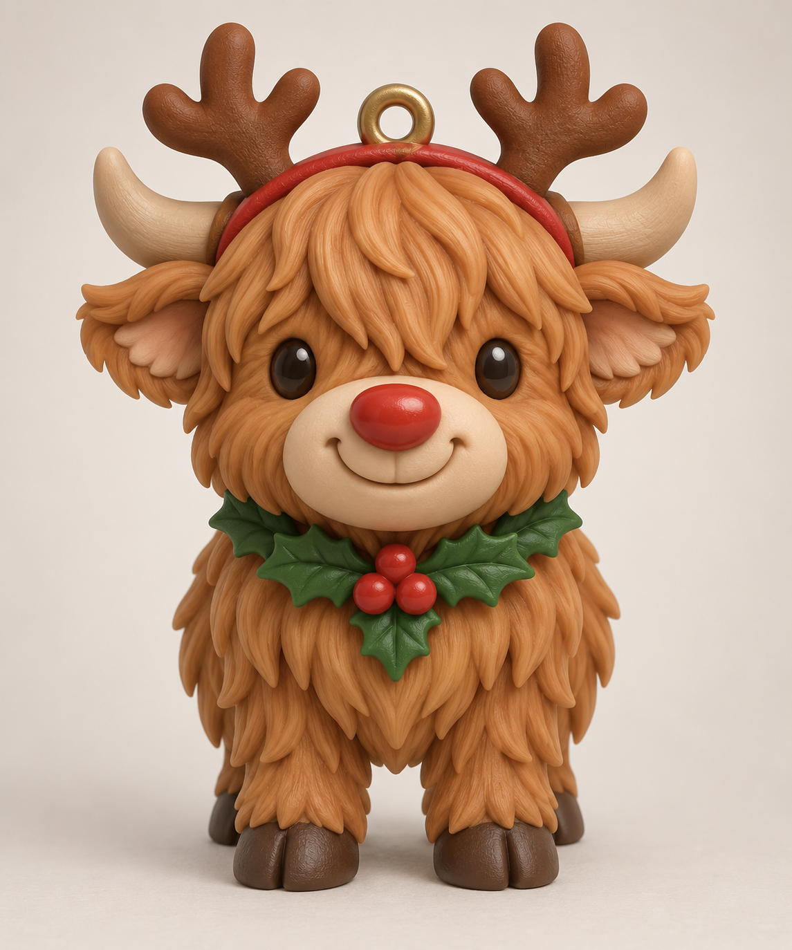 Illustration of the intended Reindeer Cow Ornament Highland cow design