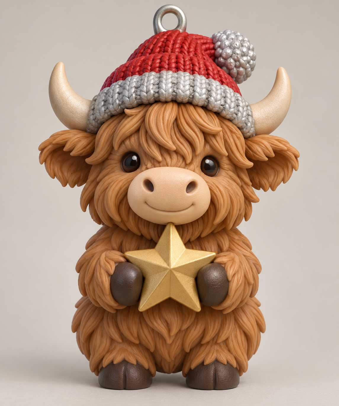 Illustration of the intended Gold Star Ornament Highland cow design