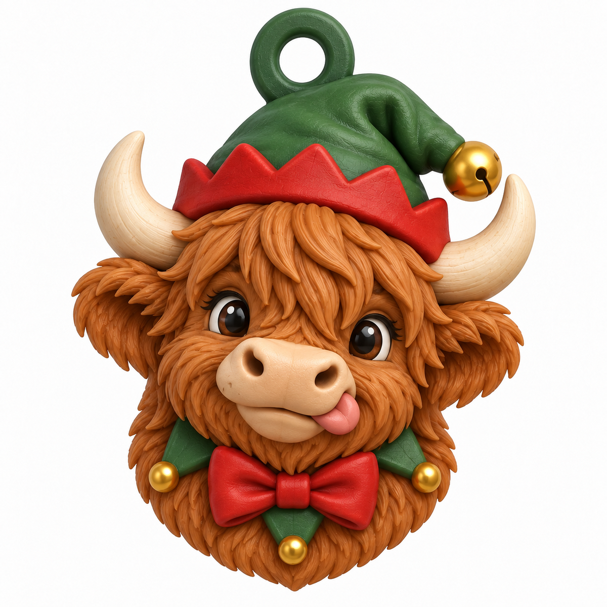 Illustration of the intended Elf Portrait Ornament Highland cow design