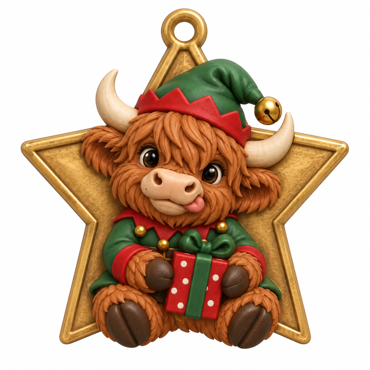 Illustration of the intended Elf Star Ornament Highland cow design