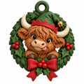 Illustration of the intended Elf Wreath Ornament Highland cow design