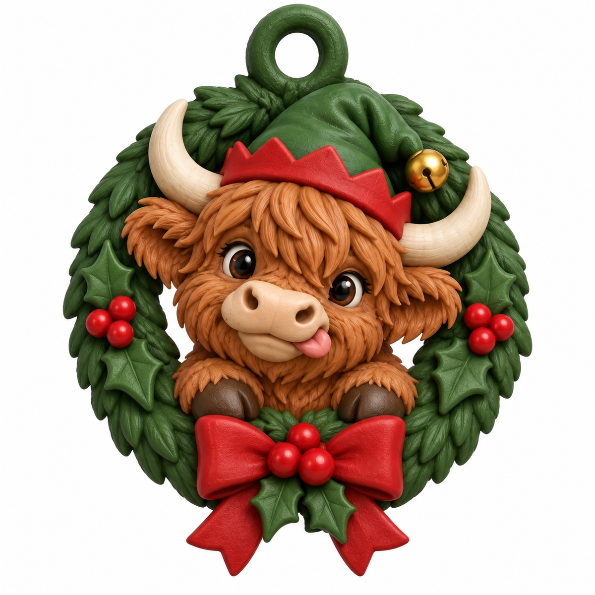 Illustration of the intended Elf Wreath Ornament Highland cow design