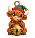 Illustration of the intended Elf Jingle Bell Ornament Highland cow design