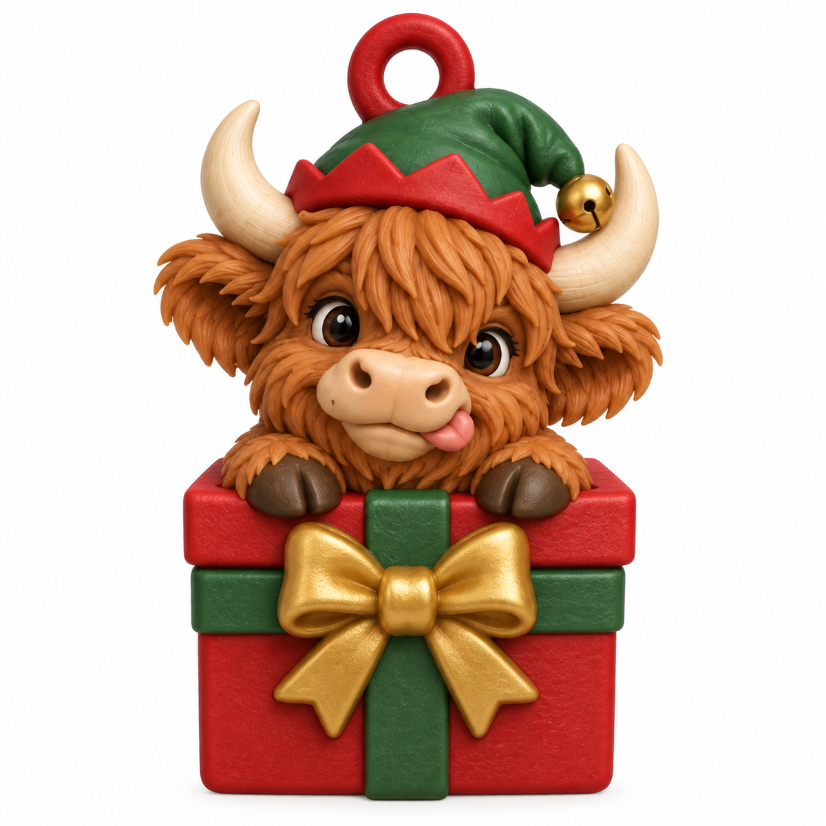 Illustration of the intended Elf Gift Ornament Highland cow design