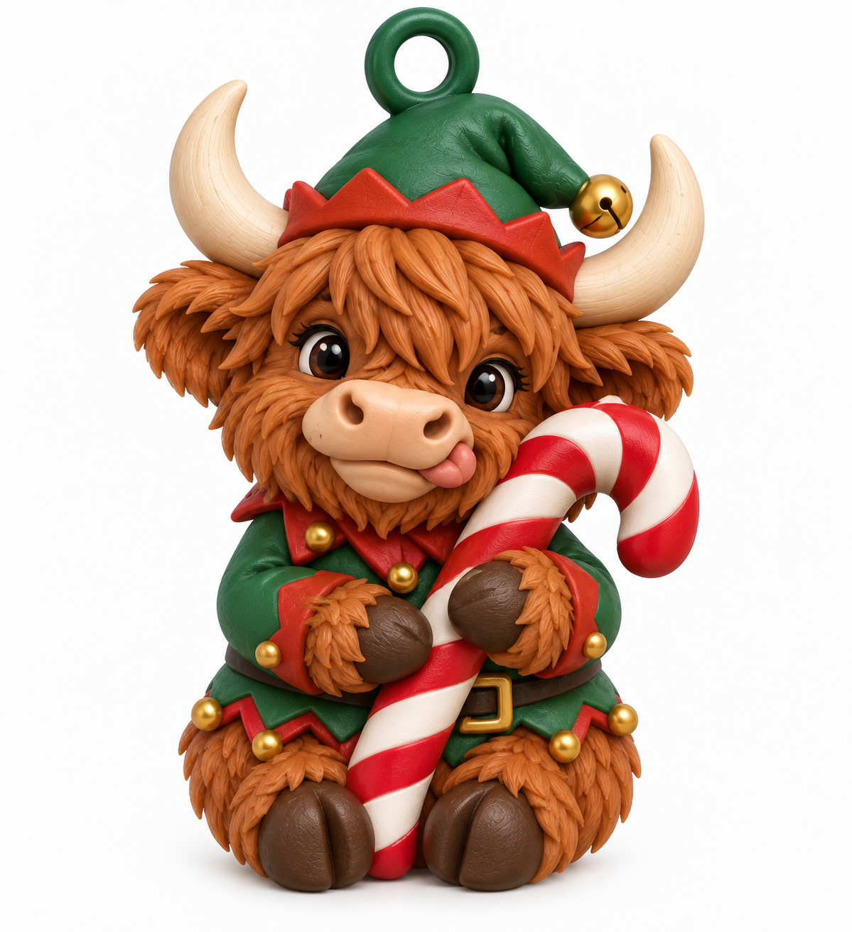 Illustration of the intended Elf Candy Cane Ornament Highland cow design