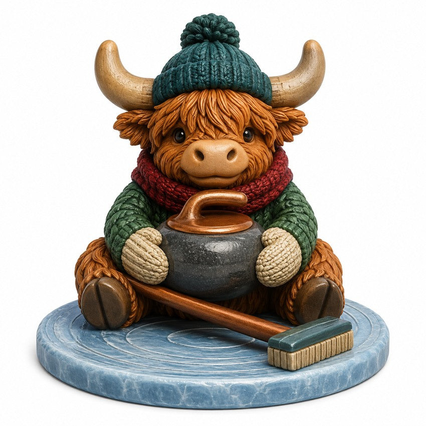 Illustration of the intended Curling Club Cow Highland cow design