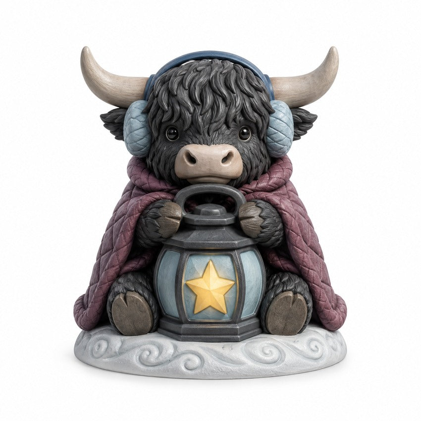 Illustration of the intended Winter Lantern Highland cow design