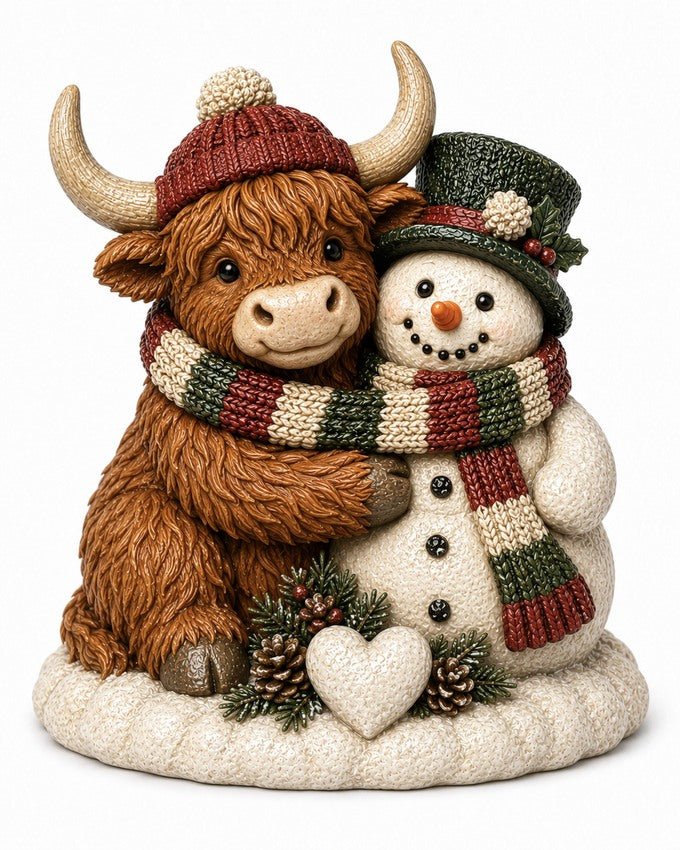 Illustration of the intended Snowman's Best Friend Highland cow design
