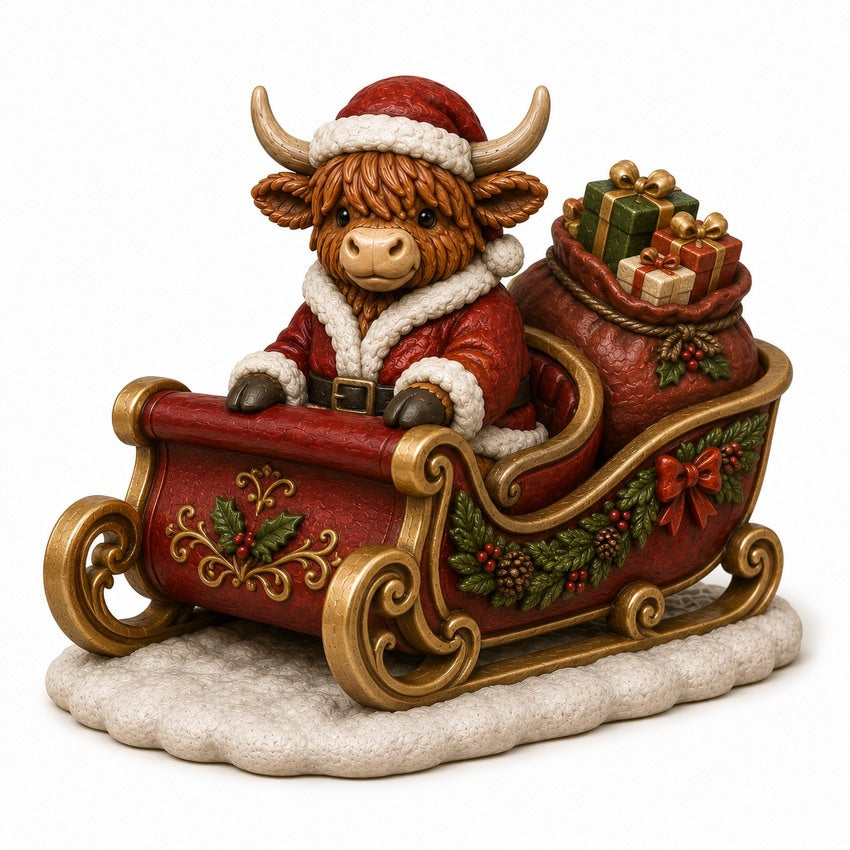 Illustration of the intended Santa's Classic Sleigh Highland cow design
