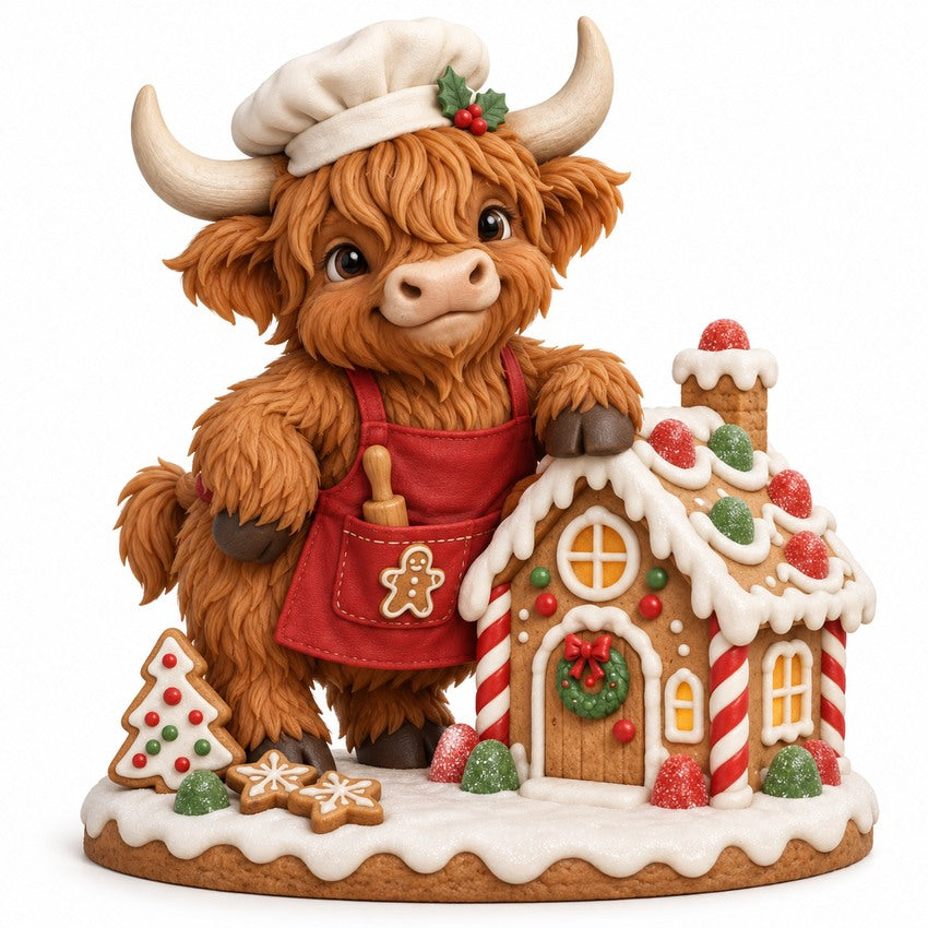 Illustration of the intended Gingerbread Cottage Highland cow design