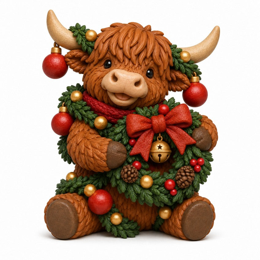 Illustration of the intended Wreath Wrangler Highland cow design