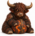 Cinderhoof, black and auburn Highland cow with a cracked volcanic orb
