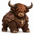 Cryptwarden, dark brown Highland cow in burgundy and brass armor