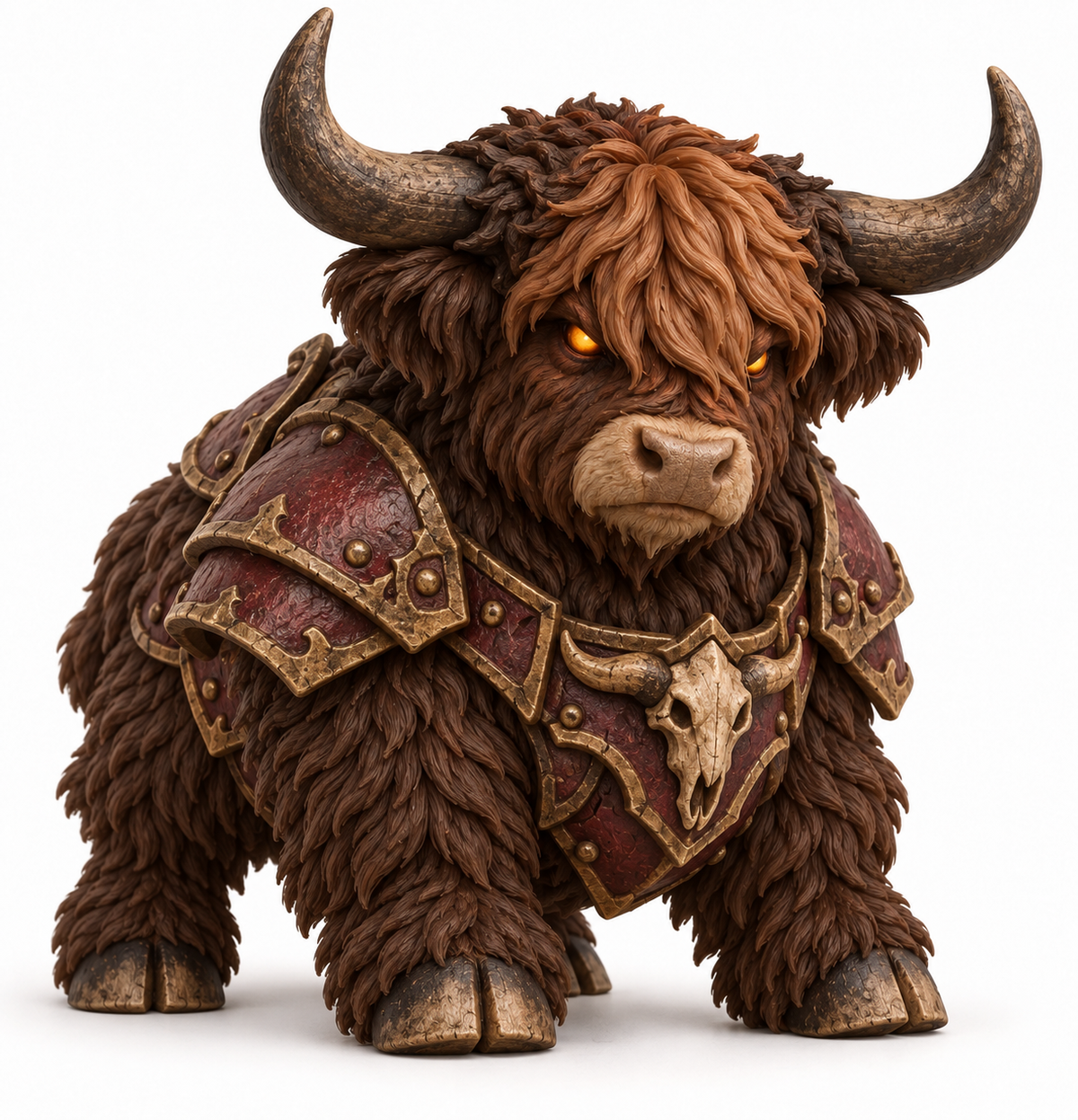 Cryptwarden, dark brown Highland cow in burgundy and brass armor