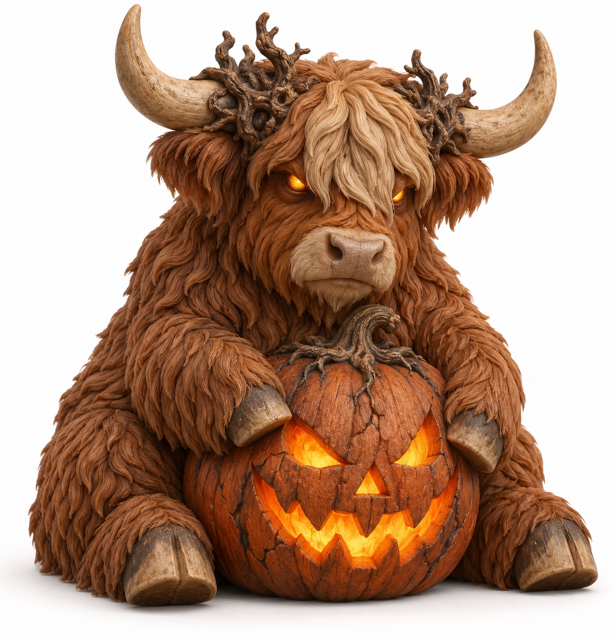 Emberthorn, dark Highland cow holding a carved pumpkin