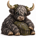 Gravemoss, smoky grey Highland cow guarding a mossy coffin chest