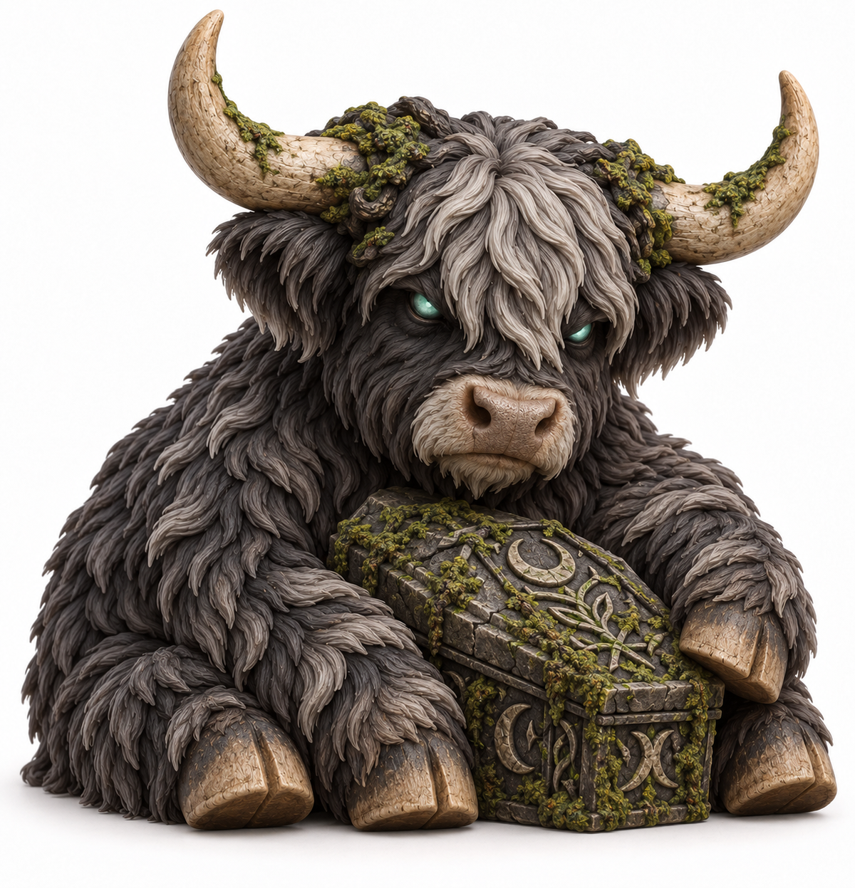 Gravemoss, smoky grey Highland cow guarding a mossy coffin chest