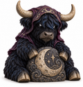 Moonhex, blue-black Highland cow in a plum hood with a crescent moon tablet