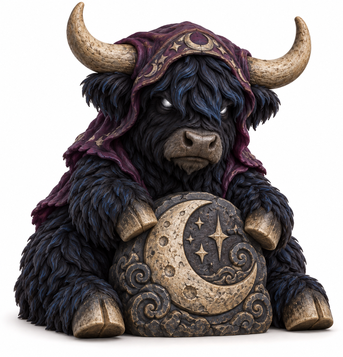 Moonhex, blue-black Highland cow in a plum hood with a crescent moon tablet