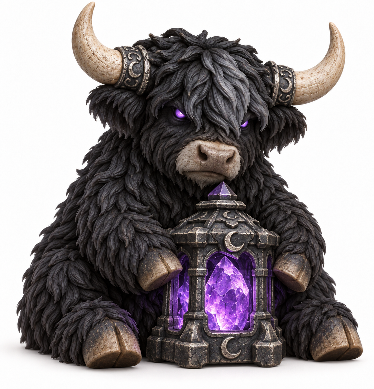Nightglass, coal-black Highland cow with a violet crystal lantern