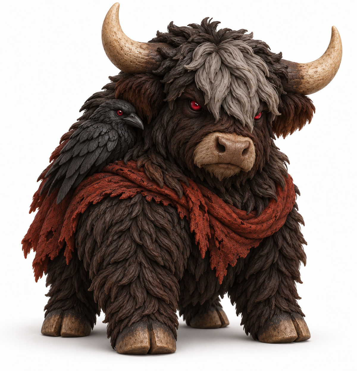 Rookhorn, dark chocolate Highland cow with a raven companion