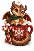 Concept art: A warm-toned baby dragon sits in a red cocoa mug among marshmallows and candy canes.