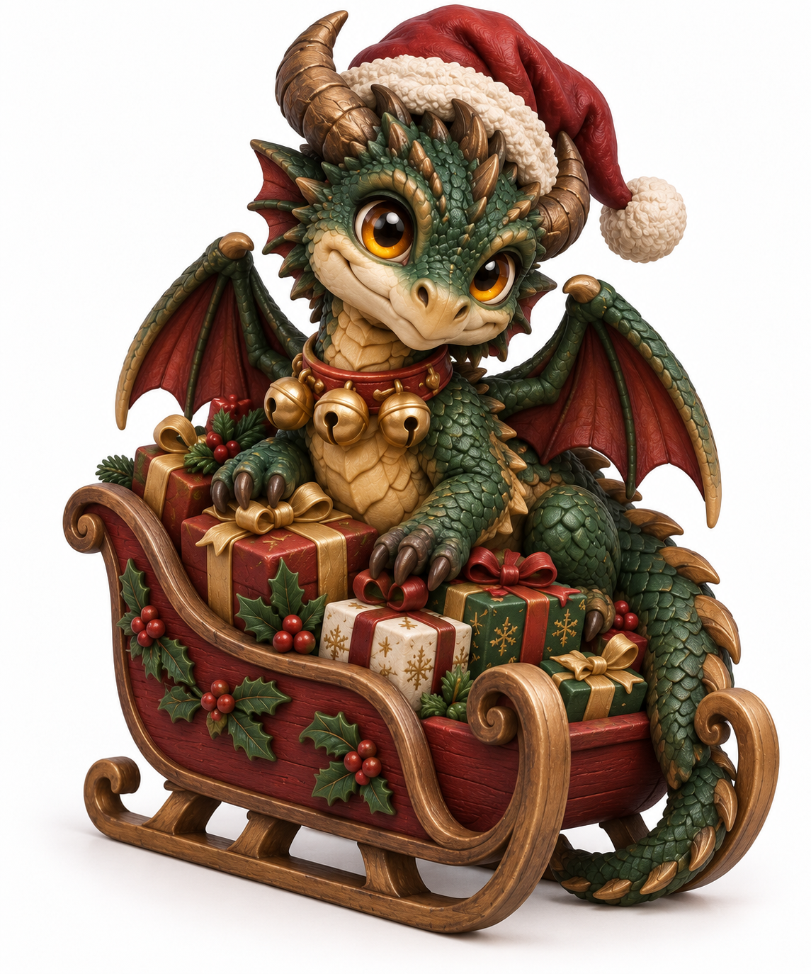 Concept art: A green baby dragon in a festive sleigh piled with wrapped gifts.