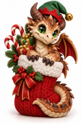 Concept art: A small brown dragon peeks from a red Christmas stocking with candy canes and presents.