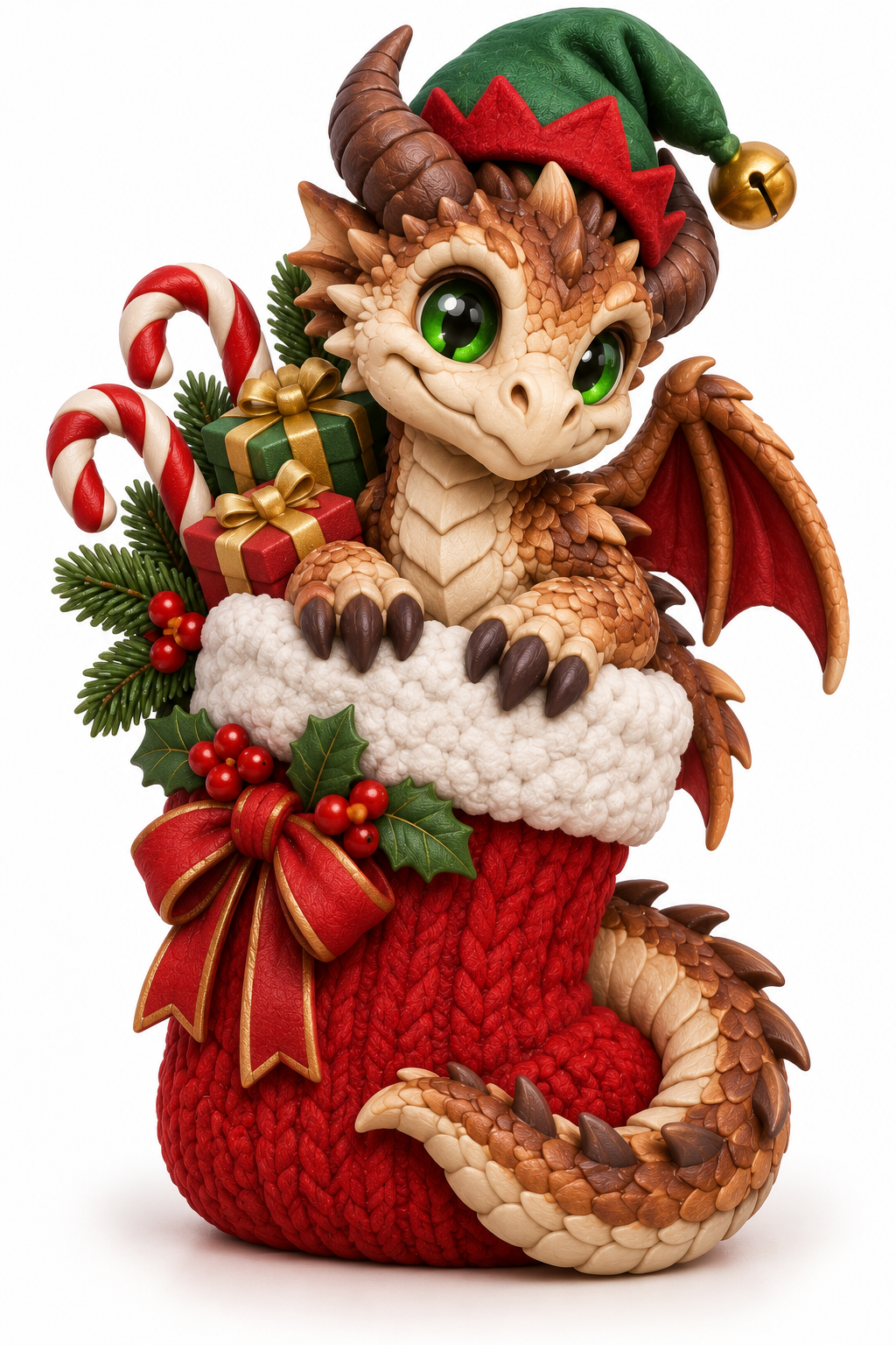 Concept art: A small brown dragon peeks from a red Christmas stocking with candy canes and presents.