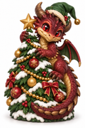 Concept art: A burgundy baby dragon curls around a decorated Christmas tree.