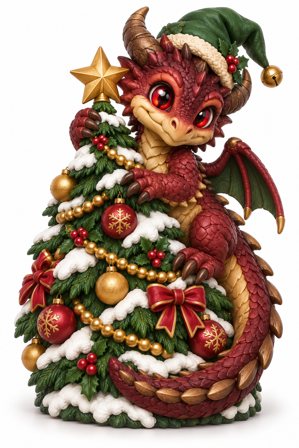 Concept art: A burgundy baby dragon curls around a decorated Christmas tree.
